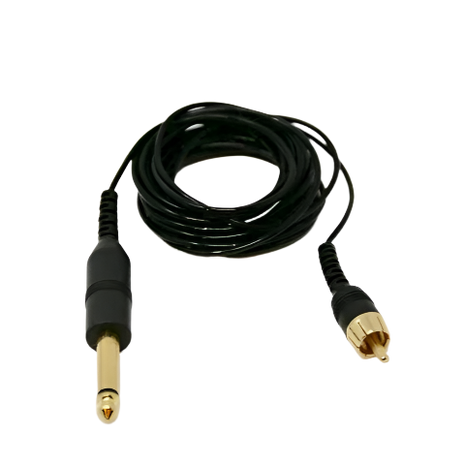 A black and gold straight RCA cord with monophone and RCA end pieces.