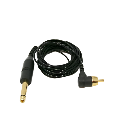 An angled black RCA cord with a 3.5 mm mono phone and RCA end pieces.