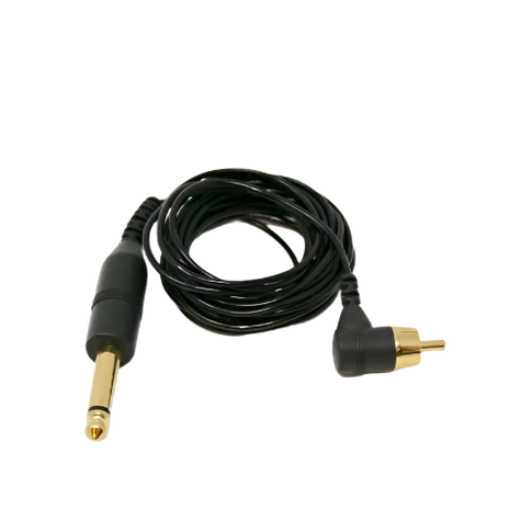 An angled black RCA cord with a 3.5 mm mono phone and RCA end pieces.