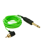 Green angled RCA cord with black and gold connectors on a white background