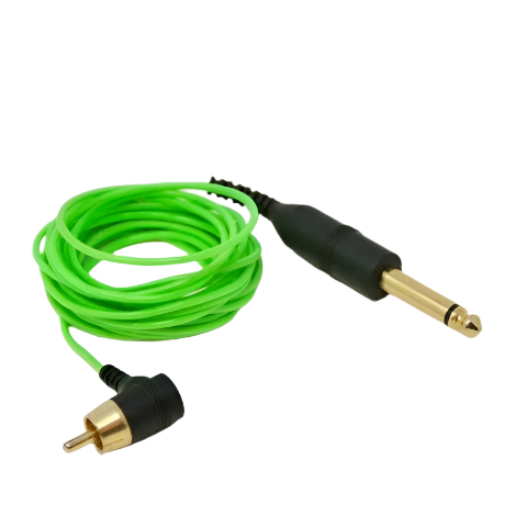 Green angled RCA cord with black and gold connectors on a white background