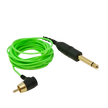 Green angled RCA cord with black and gold connectors on a white background