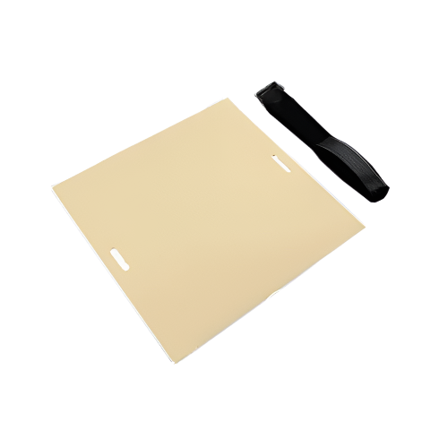 A beige-colored tattoo practice skin with a Velcro strap, 