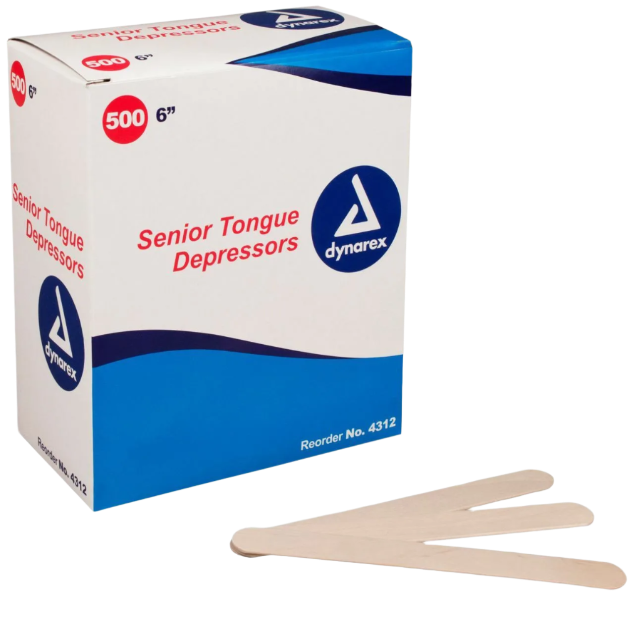 Box of Dynarex senior tongue depressors with three depressors in front.