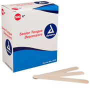 Box of Dynarex senior tongue depressors with three depressors in front.