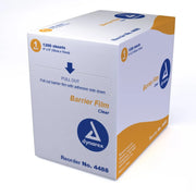 A box of Dynarex Dental Barrier Film with a label indicating it has 1200 sheets, size 4" x 6", clear color, with a low-tack adhesive.