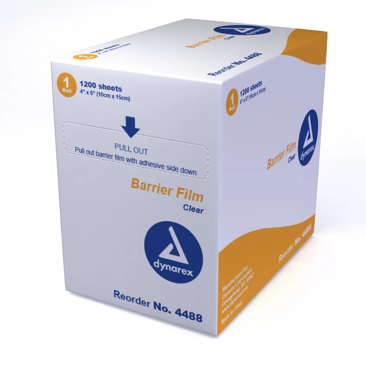 A box of Dynarex Dental Barrier Film with a label indicating it has 1200 sheets, size 4" x 6", clear color, with a low-tack adhesive.