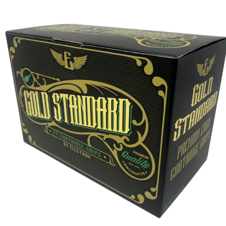 box of Gold Standard Ergo Foam tattoo cartridge grips