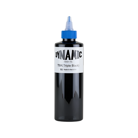 8oz bottle of Dynamic Black Tattoo Ink with blue cap
