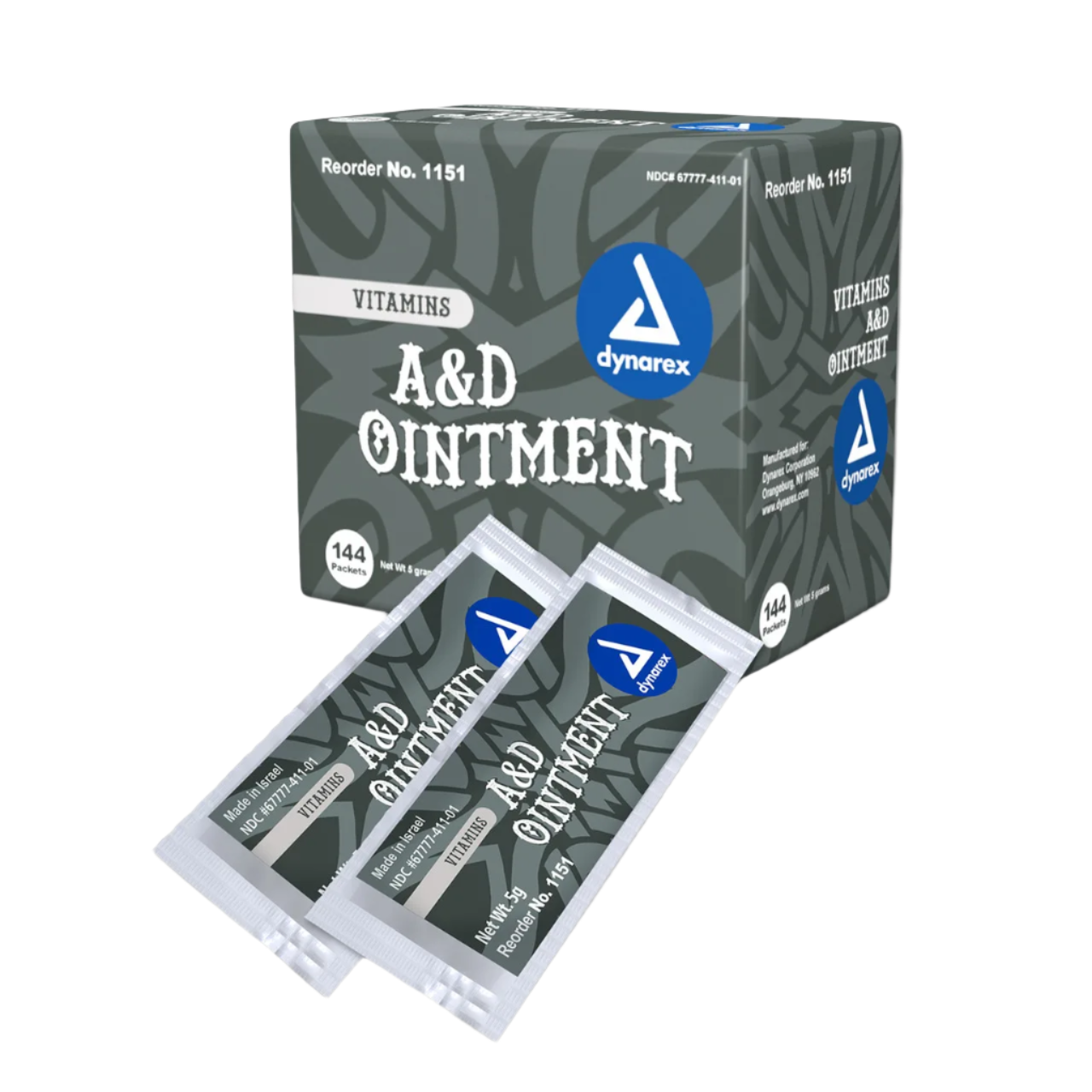 Box of Dynarex A&D Ointment with individual packets shown in front of box