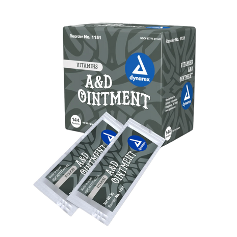 Box of Dynarex A&D Ointment with individual packets shown in front of box