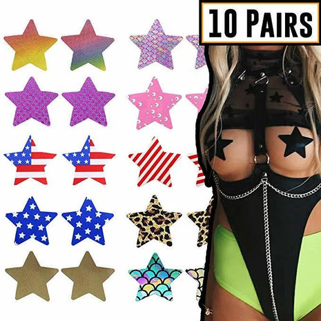 The image shows a variety of star-shaped adhesive nipple pasties in assorted colors and patterns, including plain stars, stars with American flag patterns, and stars with animal print. The pasties are displayed on a common background and on a person's skin for context.