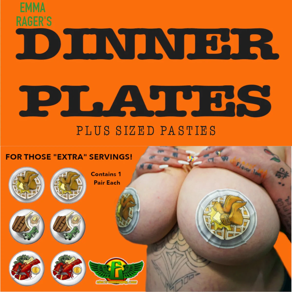 The image displays a set of three pasties, each designed with a food-themed tattoo artwork. The pasties are presented on a personal perspective, showing the design up-close on skin.