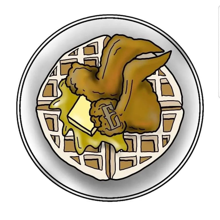 Paaties/nipple covers for use during tattoo sessions showing a platee containing a waffle, butter and chicken wings