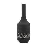 A black stainless steel tattoo machine grip with the brand 'Inkjecta' written on it.