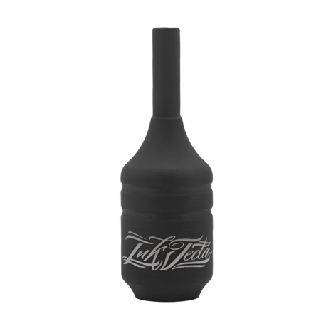 A black stainless steel tattoo machine grip with the brand 'Inkjecta' written on it.