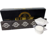 A box of 20 Electrum Clean Cups, with individual cups displayed in front of the box. The cups are white, and the box is black with the product name and logo in gold.