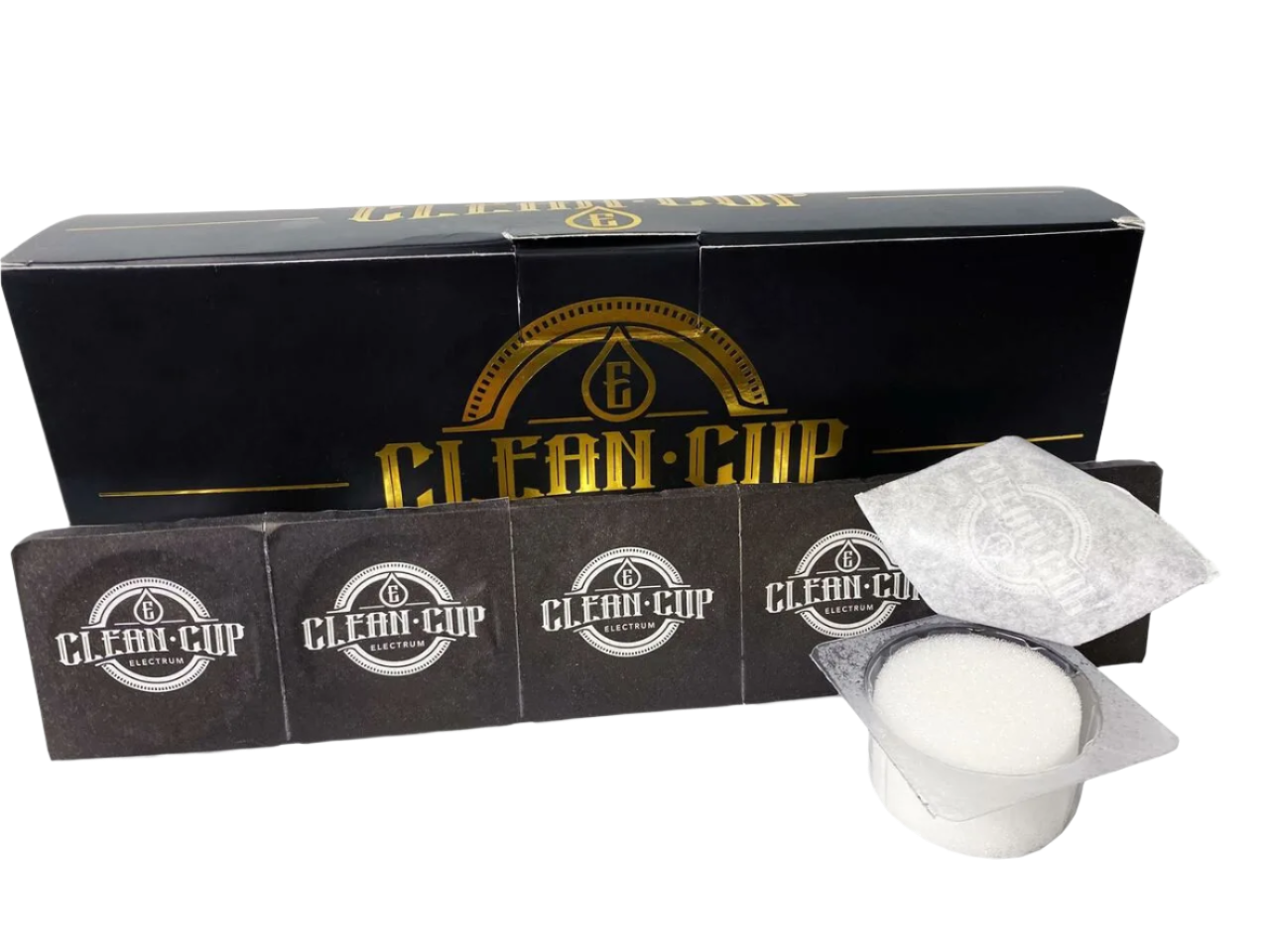 A box of 20 Electrum Clean Cups, with individual cups displayed in front of the box. The cups are white, and the box is black with the product name and logo in gold.