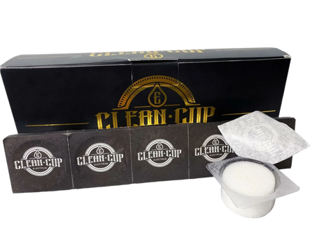 A box of 20 Electrum Clean Cups, with individual cups displayed in front of the box. The cups are white, and the box is black with the product name and logo in gold.