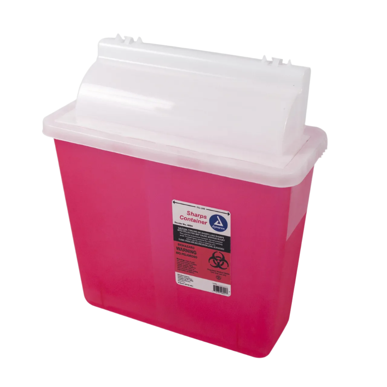 Pink sharps container with a clear lid on a white background
