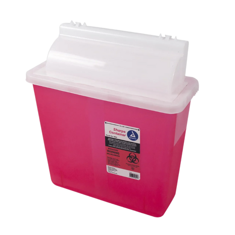 Pink sharps container with a clear lid on a white background