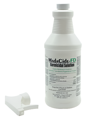Bottle of MadaCide-FD Germicidal Solution on a white background