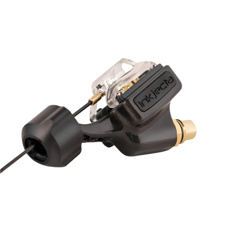 An InkJecta Flite Nano Ultra Lite rotary tattoo machine in black color with visible brand name and parts.