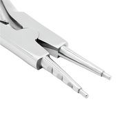 Close-up of a pair of 7 inch large ring opening pliers with 3 notches and needle nose.