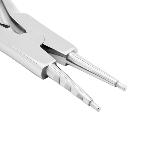 Close-up of a pair of 7 inch large ring opening pliers with 3 notches and needle nose.
