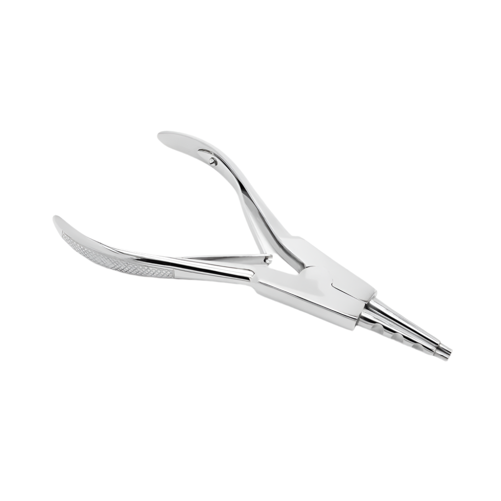 A pair of ring opener pliers used to open jewelry in body piercing