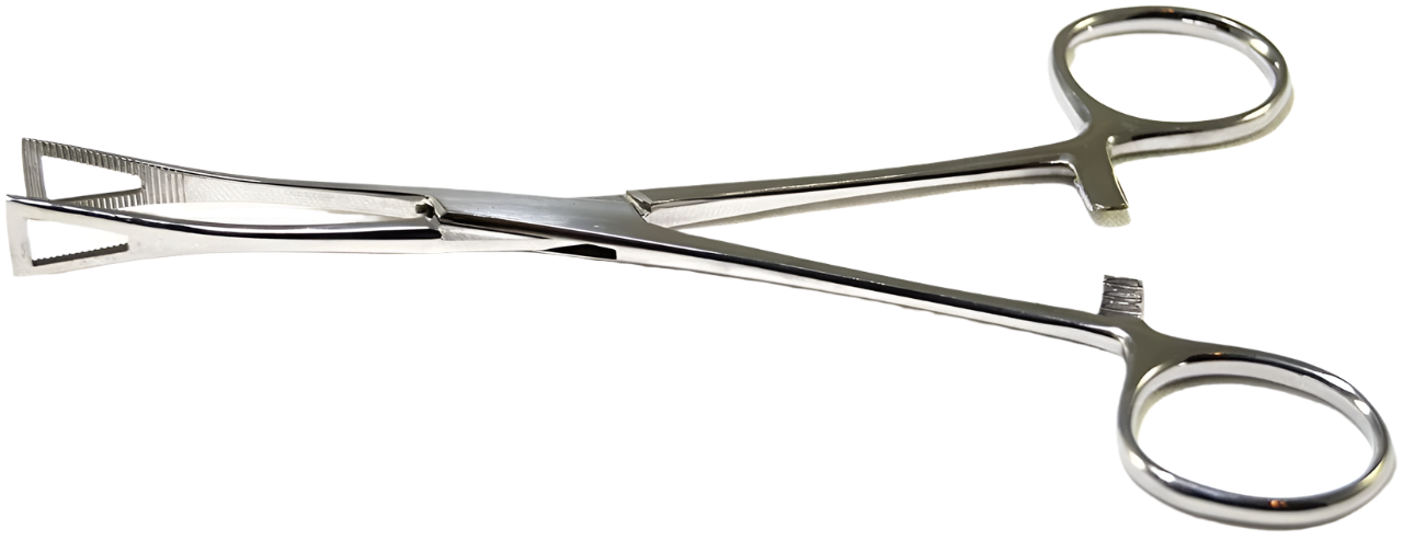 Pair of metal surgical forceps on a white background