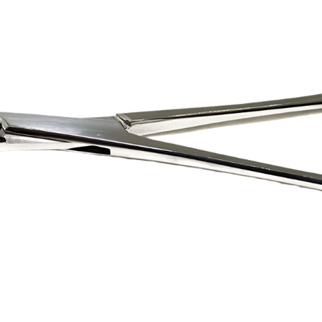 Pair of metal surgical forceps on a white background