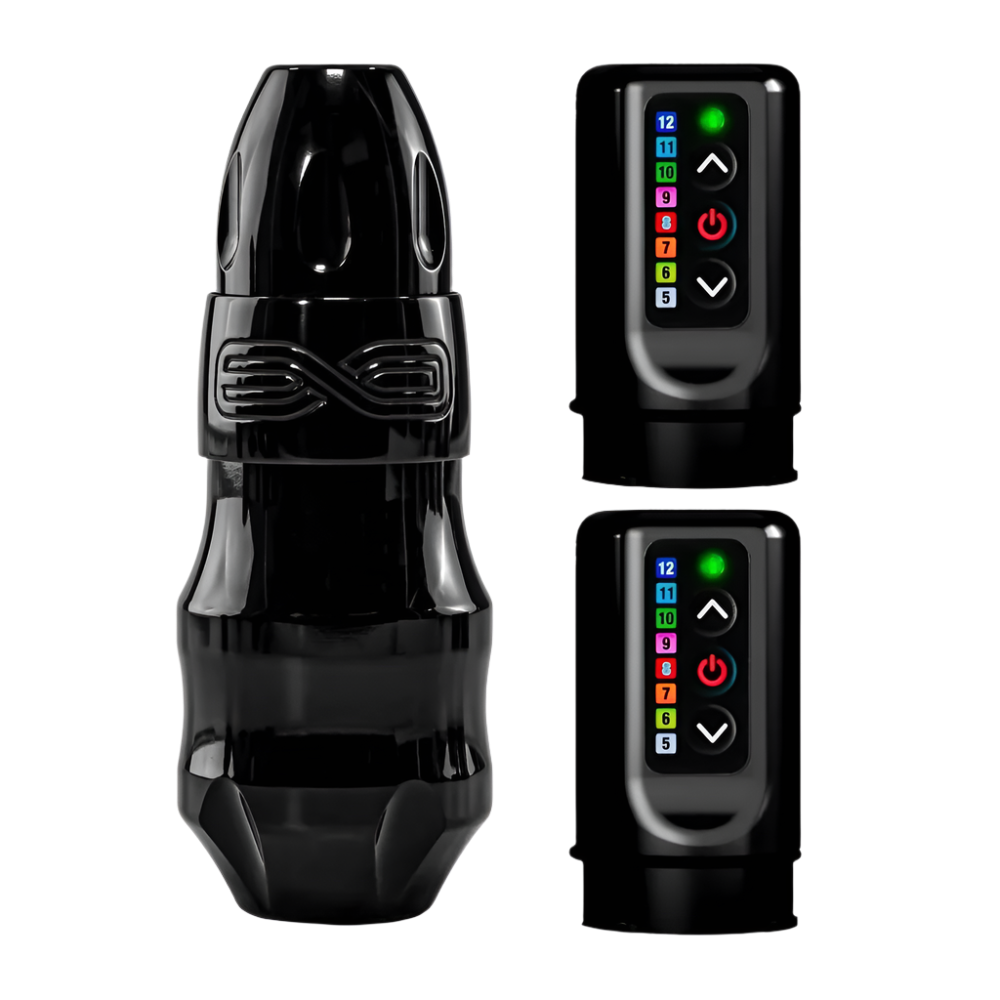 A black modular tattoo machine labeled EXO with detachable PowerBolt battery pack and a traditional power supply RCA module. The product is displayed alongside its components and a mobile app interface.