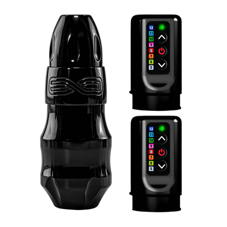 A black modular tattoo machine labeled EXO with detachable PowerBolt battery pack and a traditional power supply RCA module. The product is displayed alongside its components and a mobile app interface.