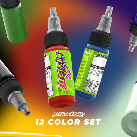 A set of Electrum tattoo inks in various colors, displayed with their respective color labels and branding.