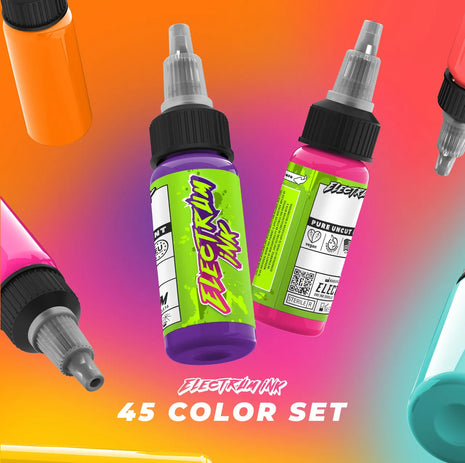 A collection of Electrum Tattoo Ink bottles in various colors, labeled and unsheilded, against a vibrant multicolored background.