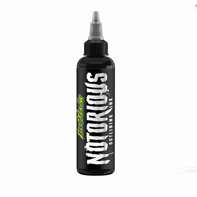 a bottle of electrum tattoo ink named notorious - a very saturated rich black
