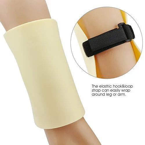 two pics - one showing practice skin, the other showing practice skin with velcro strap holding it in place