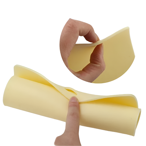 Roll of yellow  practice skin with a close-up showing its thickness on a white background