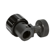 A black combo to vice adapter for tattoo machines, with a knurled knob on the side.