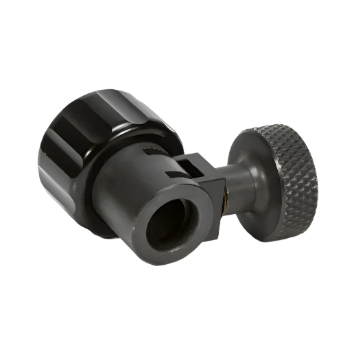 A black combo to vice adapter for tattoo machines, with a knurled knob on the side.