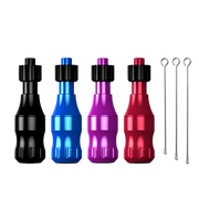 Four  tattoo grip sleeves in black, red, purple, and blue colors with three drive bars, against a white background.