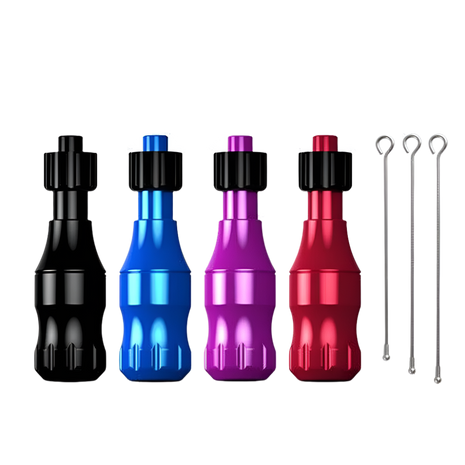 Four  tattoo grip sleeves in black, red, purple, and blue colors with three drive bars, against a white background.