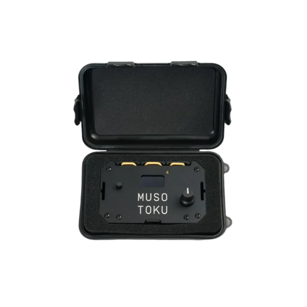 A black hard case cover with the Musotoku brand logo, designed for protecting and transporting tattoo power supply.