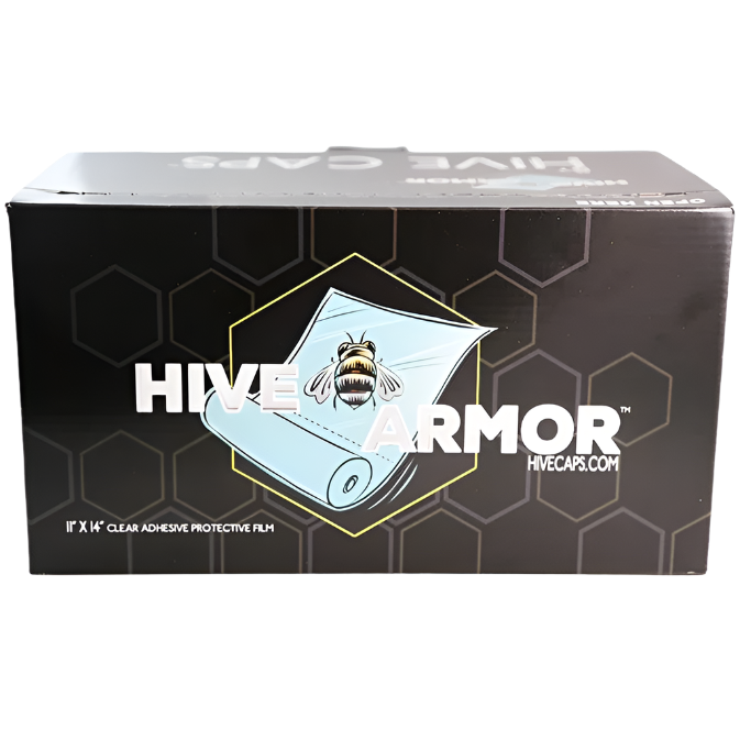 A box of Hive Armor protective film with a roll of clear adhesive material displayed on it, intended for use as a barrier to prevent contamination on various surfaces.