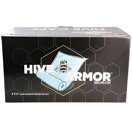 A box of Hive Armor protective film with a roll of clear adhesive material displayed on it, intended for use as a barrier to prevent contamination on various surfaces.