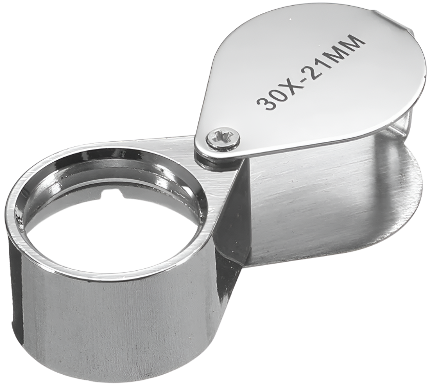 Silver magnifying glass with '30X-21MM' marking on a white background