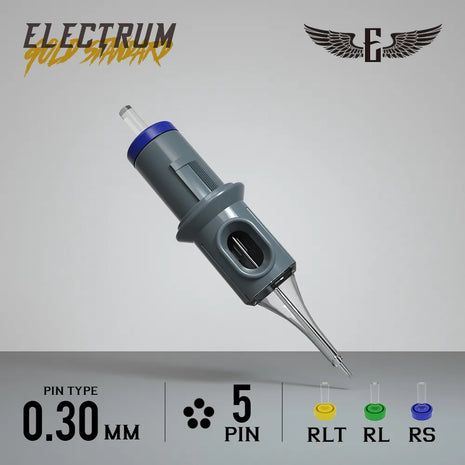A product image showcasing an individual tattoo needle cartridge from the Electrum Gold Standard line, indicating a 0.30 mm pin size and 5 pin configuration, with a visual representation of the needle and its components.