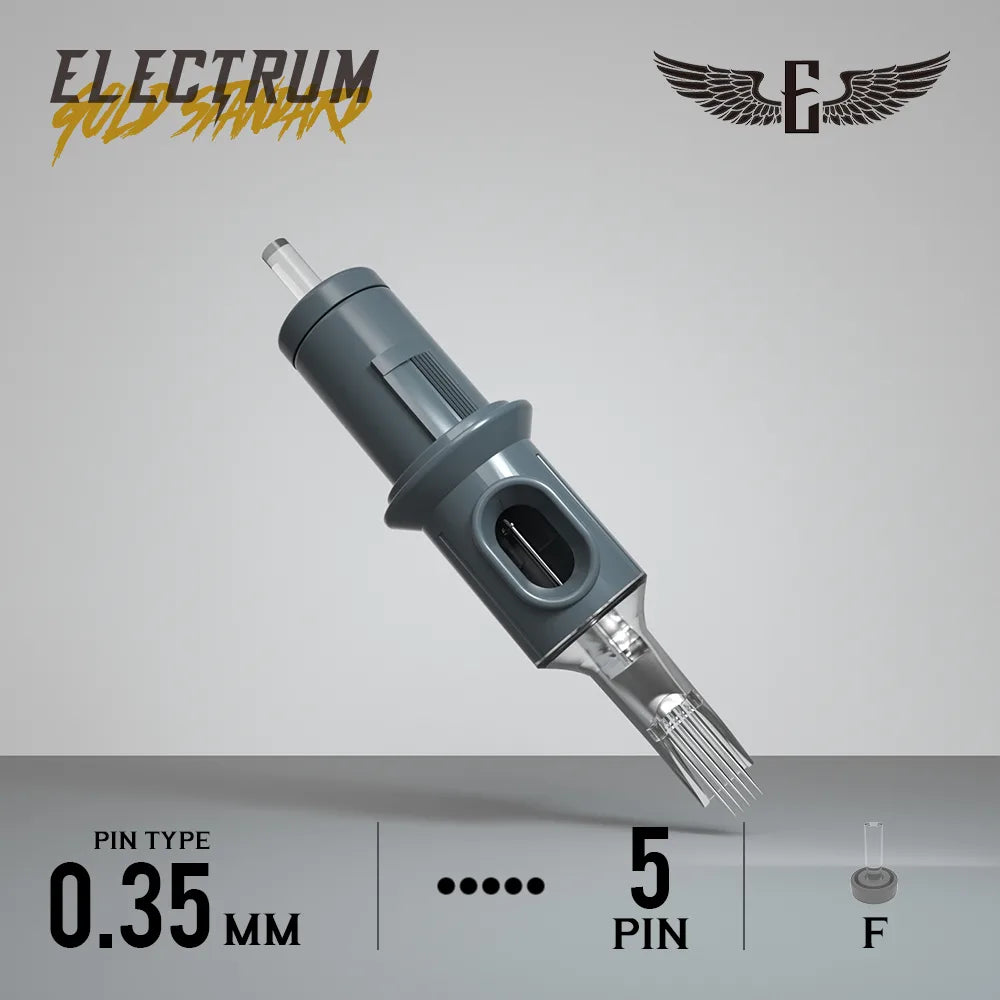 A tattoo needle cartridge from the Electrum Gold Standard line, featuring a flat needle with a 0.35 mm pin type, 5 pin configuration, and an F tip.