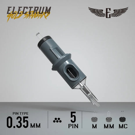 A product image of Electrum Gold Standard Cartridge Needles - Curved Magnum with specifications 0.35 mm pin type and 5 pin count displayed.